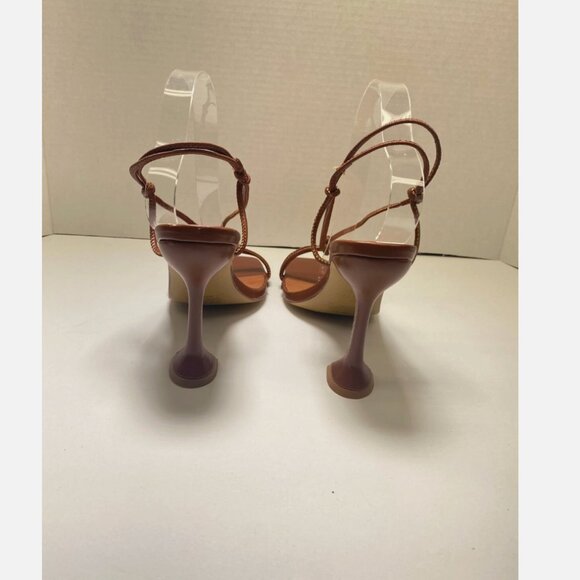 Halston Picasso Lace Up Sandal Spool Heel Square Open Toe Tan Brown 7 - Picture 6 of 7